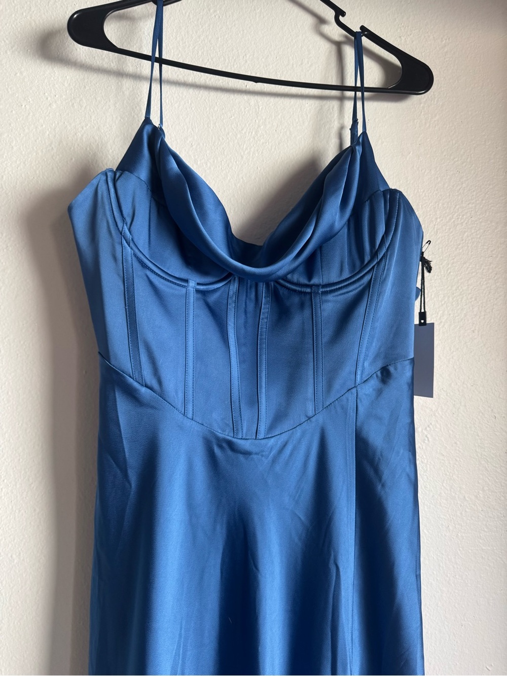 Astr Blue Satin Cowl Neck Midi Dress